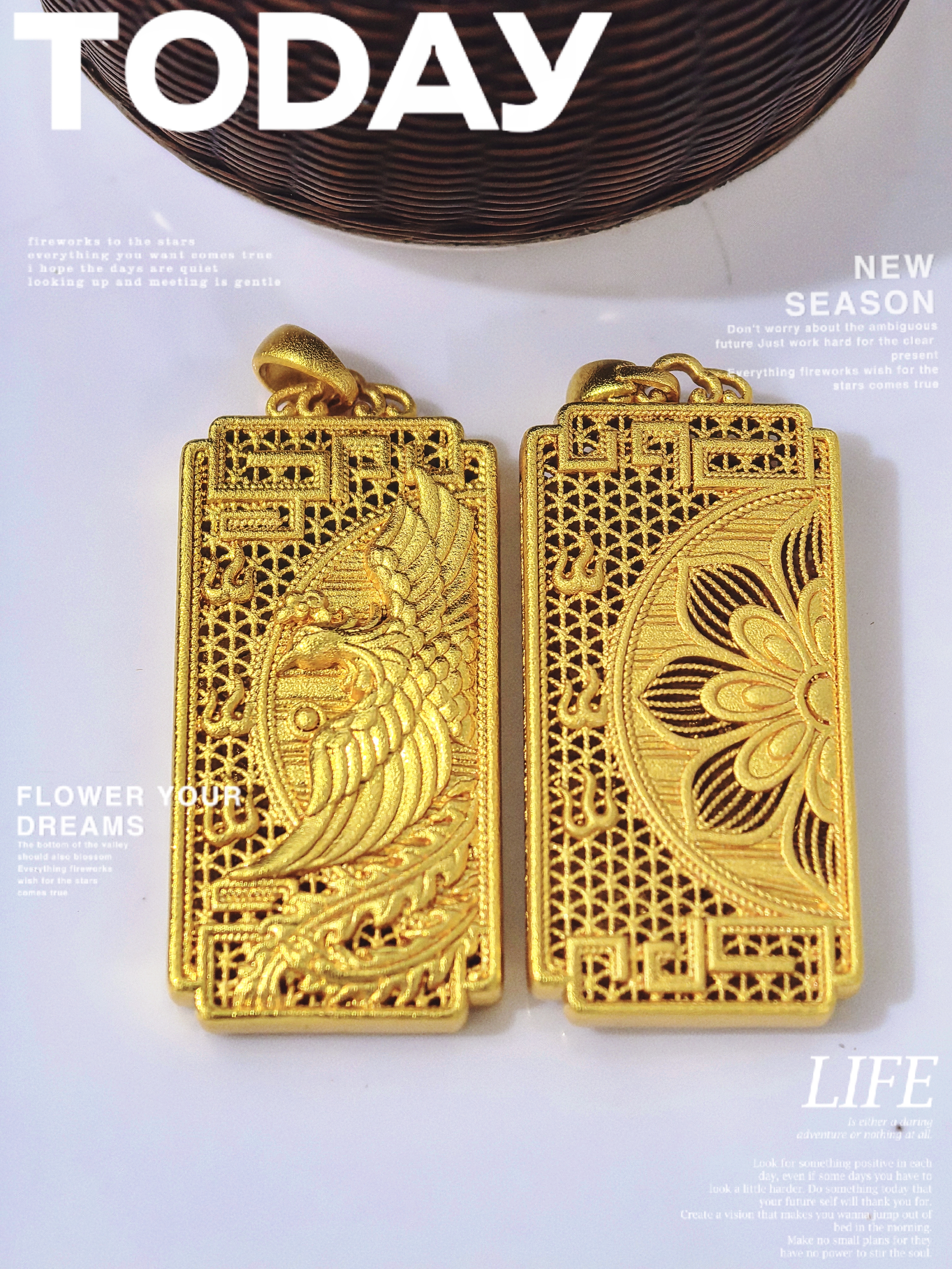 Chinese-style ancient-style golden phoenix Flying pendant square plate filigree hollowed-out auspicious cloud phoenix pendant pic 1