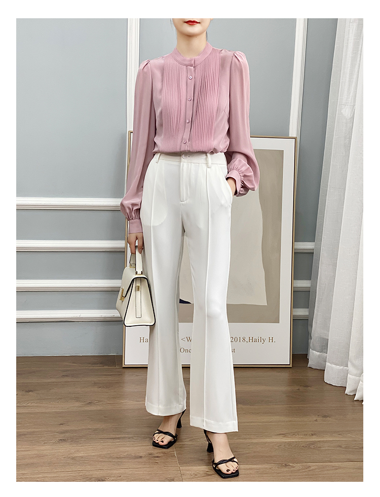 左左家 温柔气质重工风琴褶真丝衬衫女圆领气质灯笼袖桑蚕丝上衣详情18