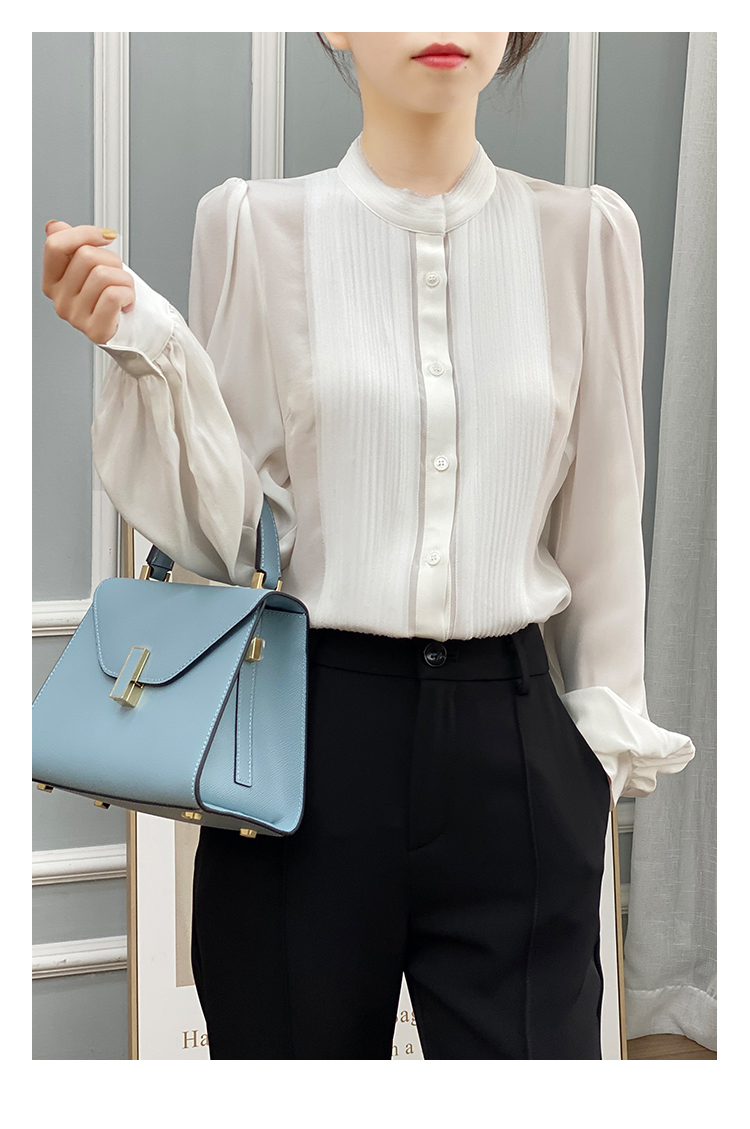 左左家 温柔气质重工风琴褶真丝衬衫女圆领气质灯笼袖桑蚕丝上衣详情23