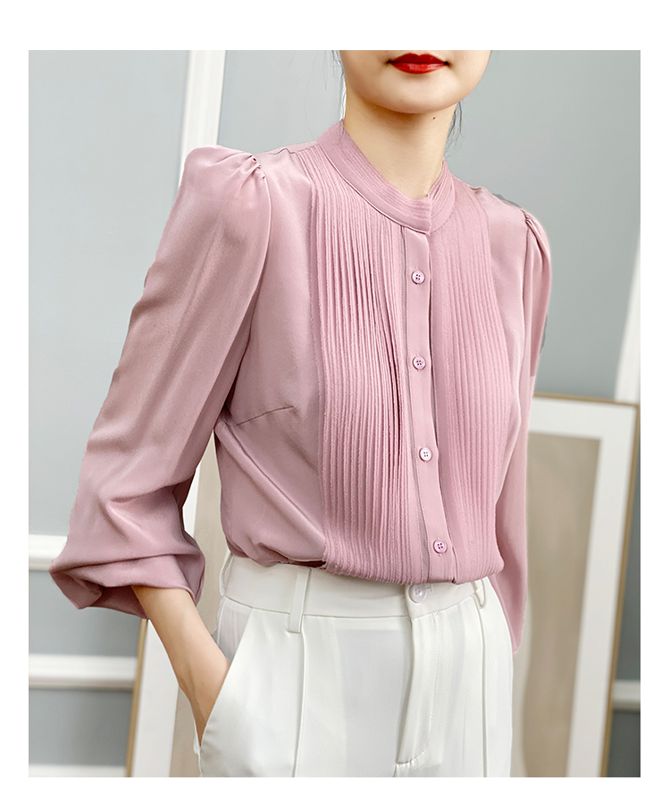 左左家 温柔气质重工风琴褶真丝衬衫女圆领气质灯笼袖桑蚕丝上衣详情17