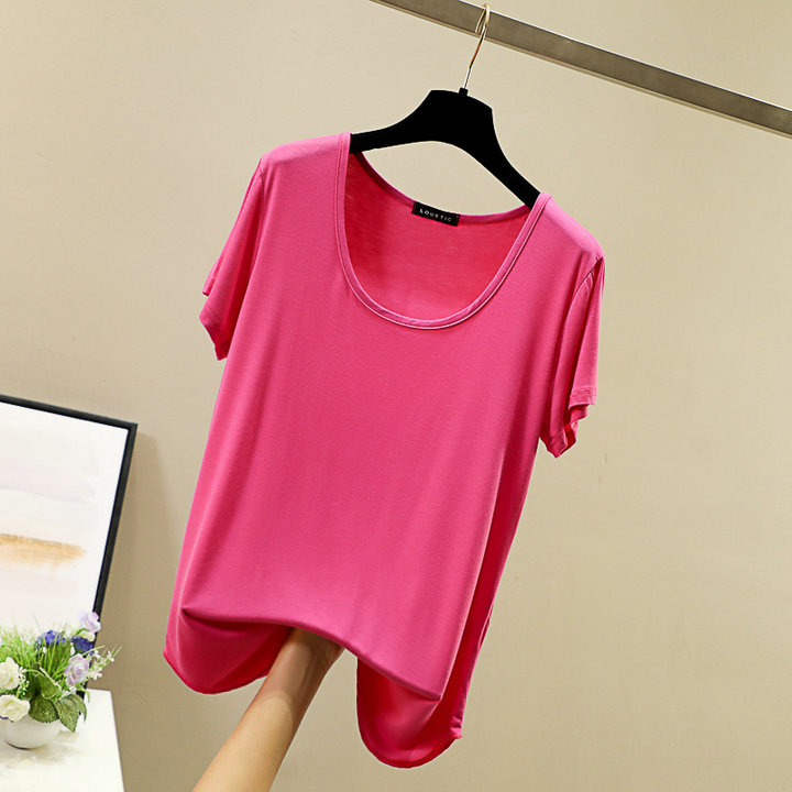 Spring and summer round-neck Korean-style candy-colored modal base layer, short-sleeved large U-neck top, loose basic T-shirt for women pic 20