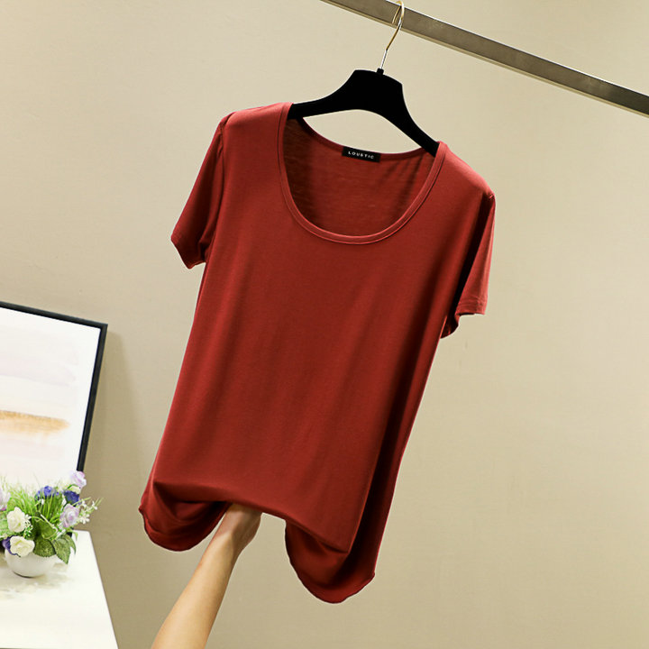 Spring and summer round-neck Korean-style candy-colored modal base layer, short-sleeved large U-neck top, loose basic T-shirt for women pic 22
