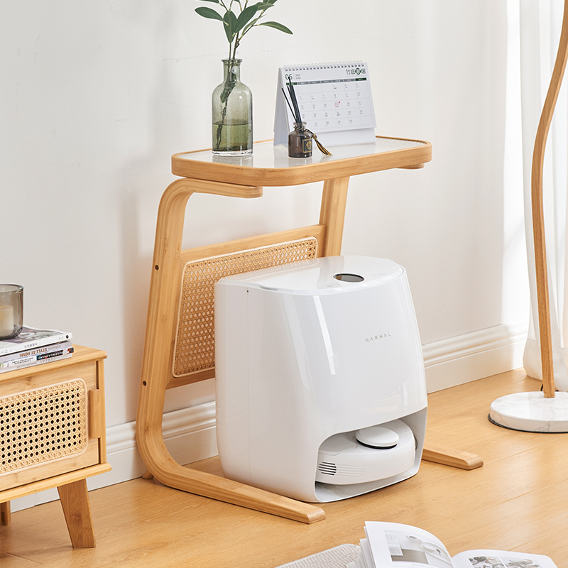 云鲸扫地机器人置物架卧室床头收纳边柜客厅沙发旁可移动藤编边几置物架楠竹木玻璃移动扫地僧扫地机器人收纳置物架客厅沙发