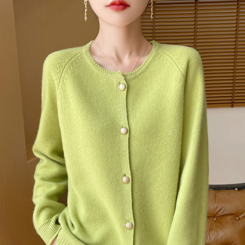 "Instant beauty!" New autumn and winter 100% pure wool cardigan knitted women's round-neck loose sweater coat, 2025 thick Application Scenario