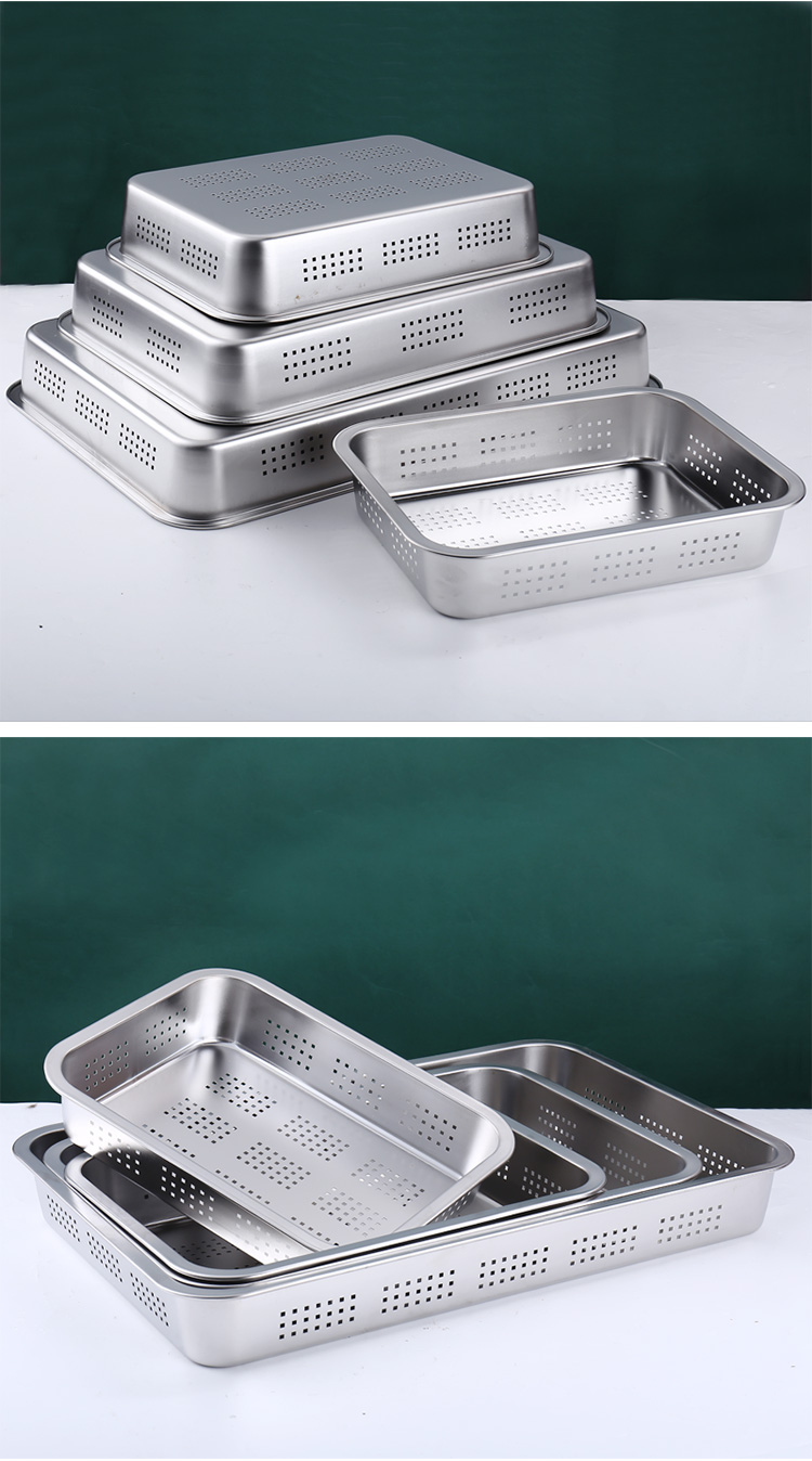 Rectangular, deepened stainless steel square basin, flat-bottomed tray, with holes in the tray, covered, washing and filtering basin, deep square basin for drying and draining water pic 15