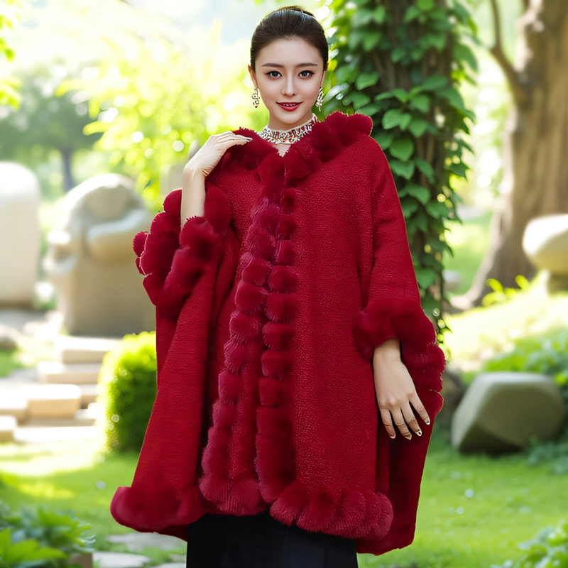 复古大码宽松毛领加绒厚斗篷披肩女蝙蝠袖中长款披风外搭毛呢外套