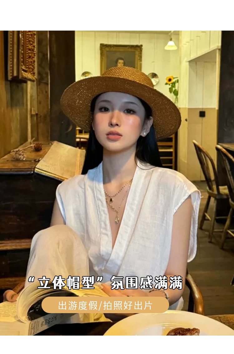 Old Qian style retro flat-topped straw hat for women, summer beach sun hat, sun protection hat, straw woven top hat pic 3