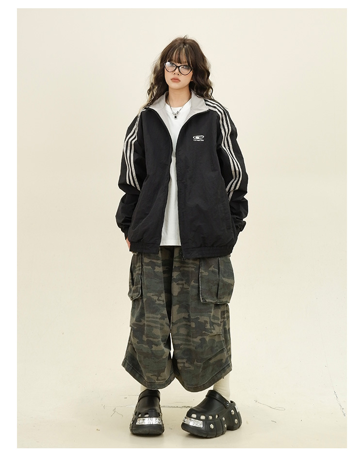 怕麻烦三条杠双面穿夹克女2024秋季新款宽松bf美式复古学院风外套详情15