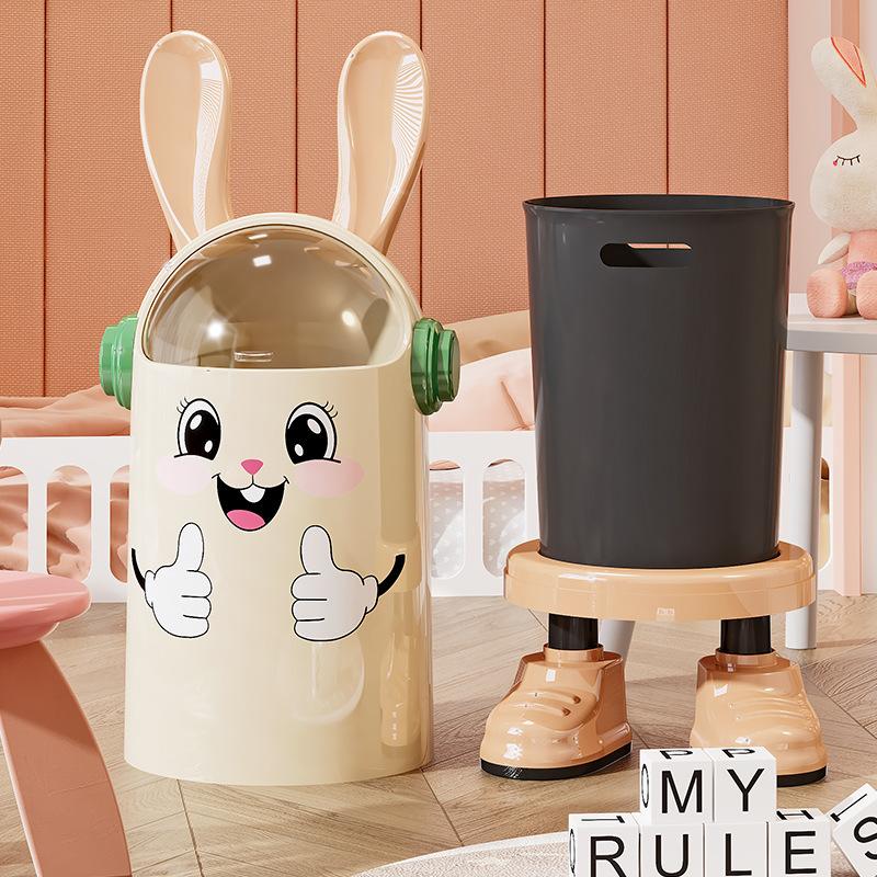 Creative cartoon household flip lid trash can, high appearance level, rabbit ears, double bucket with lid and pulley, kitchen and living room trash can details Picture