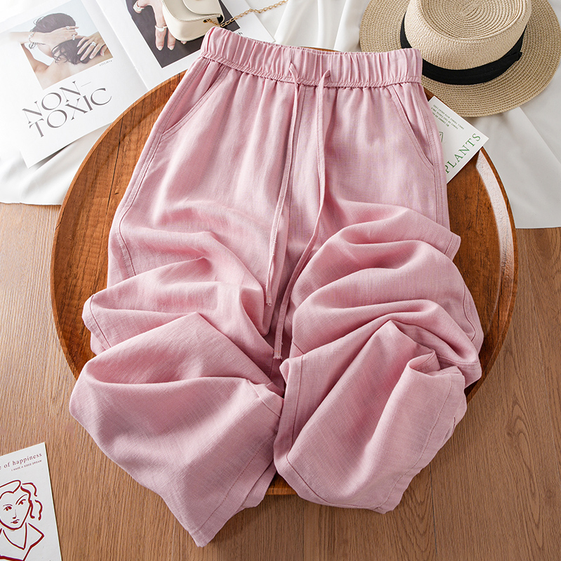 粉色山本裤女2025新款夏薄款天丝亚麻长裤抽绳系带垂感宽松阔腿裤