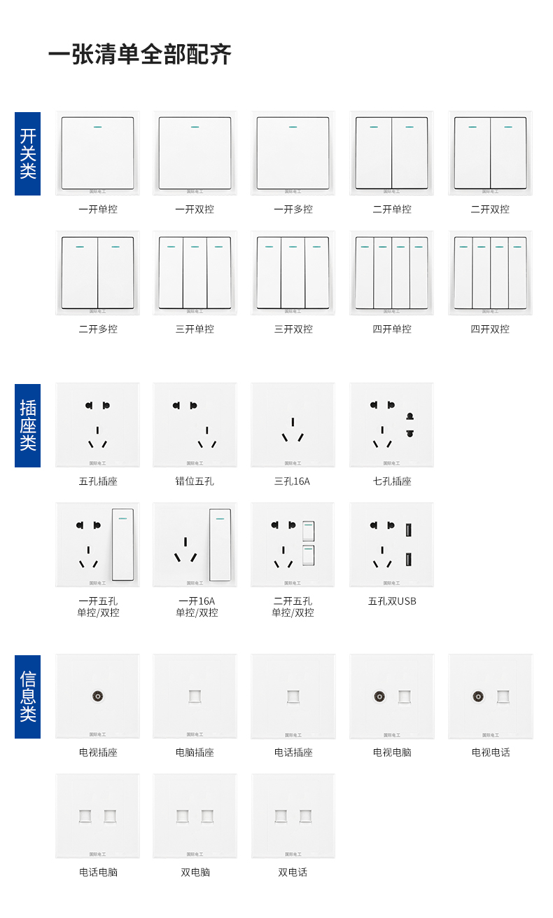 国际电工暗装86型墙壁式面板多孔一开5五孔带USB家用电源开关插座详情5