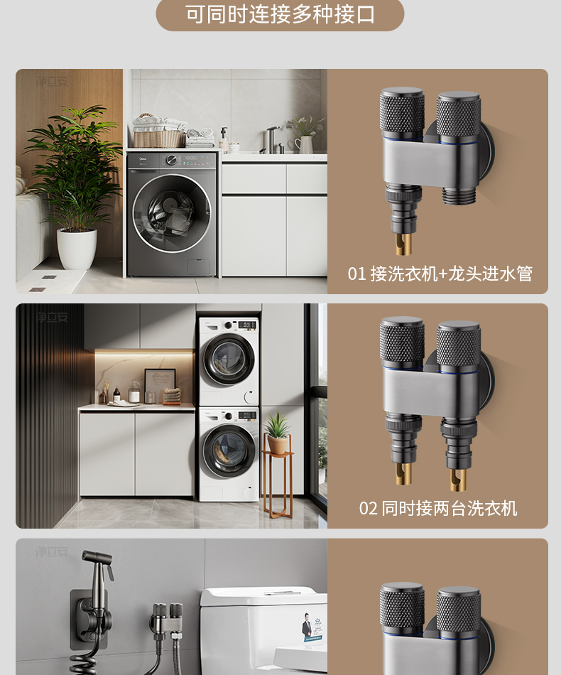 双出水一进二出角阀洗衣机水龙头自动止水阀专用铜三通一分二接头详情11