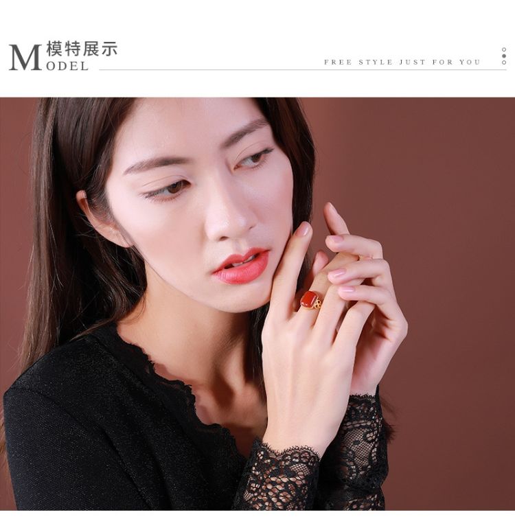 南红戒指女S925纯银玉宫廷复古个性食指戒方形优雅可调节手饰详情17
