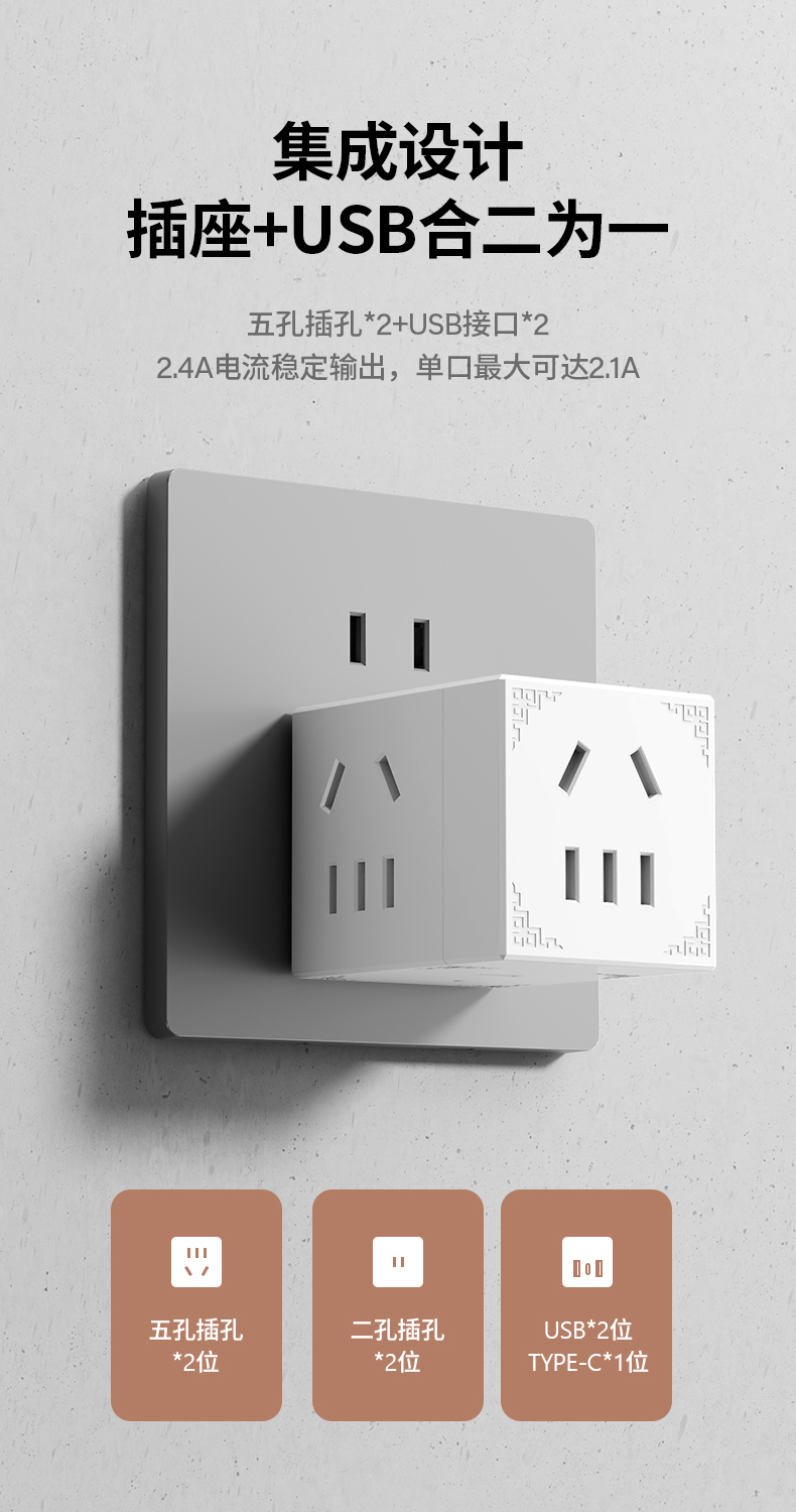 魔方插座转换器多口USB充电排插多位插座桌面免接线家用多功能插详情9