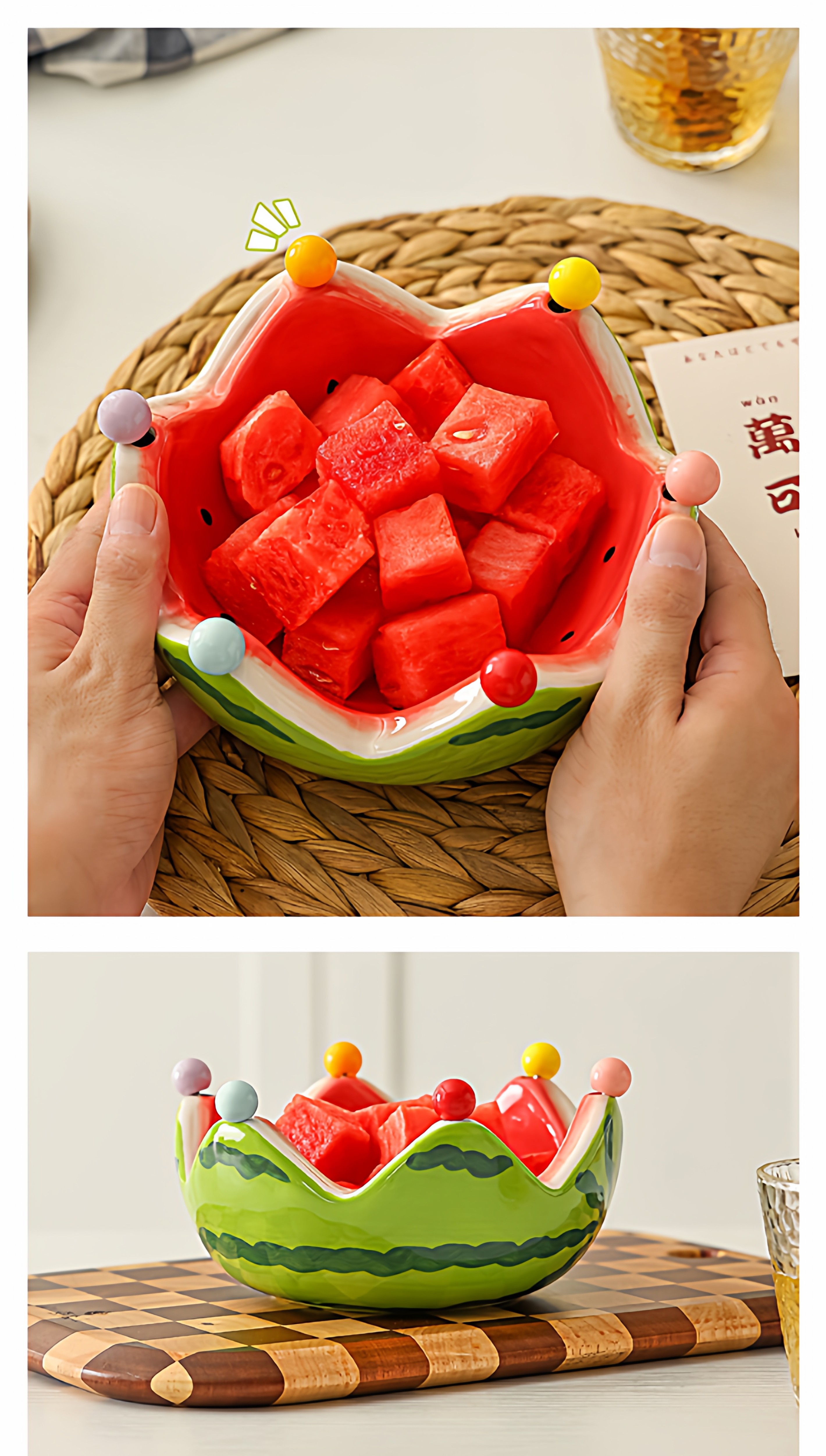 创意西瓜造型陶瓷果盘水果叉套装家用客厅茶几水果签甜品叉收纳碗详情10