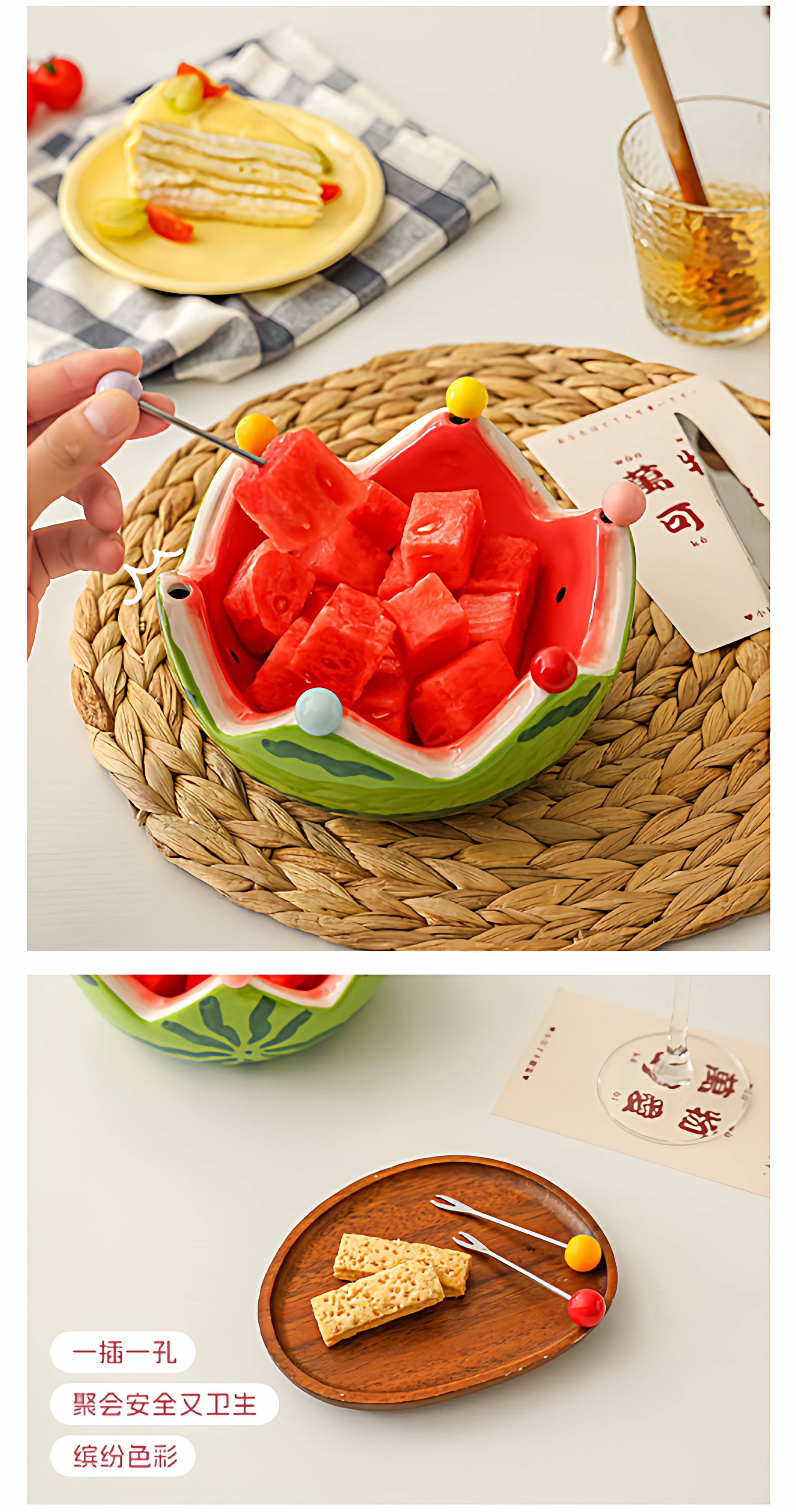 创意西瓜造型陶瓷果盘水果叉套装家用客厅茶几水果签甜品叉收纳碗详情5