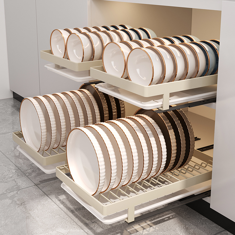 Kitchen dish rack, draining rack, built-in drawer-type dish and plate storage rack in the overall kitchen cabinet, non-drilling pull-out basket storage layer rack Application Scenario