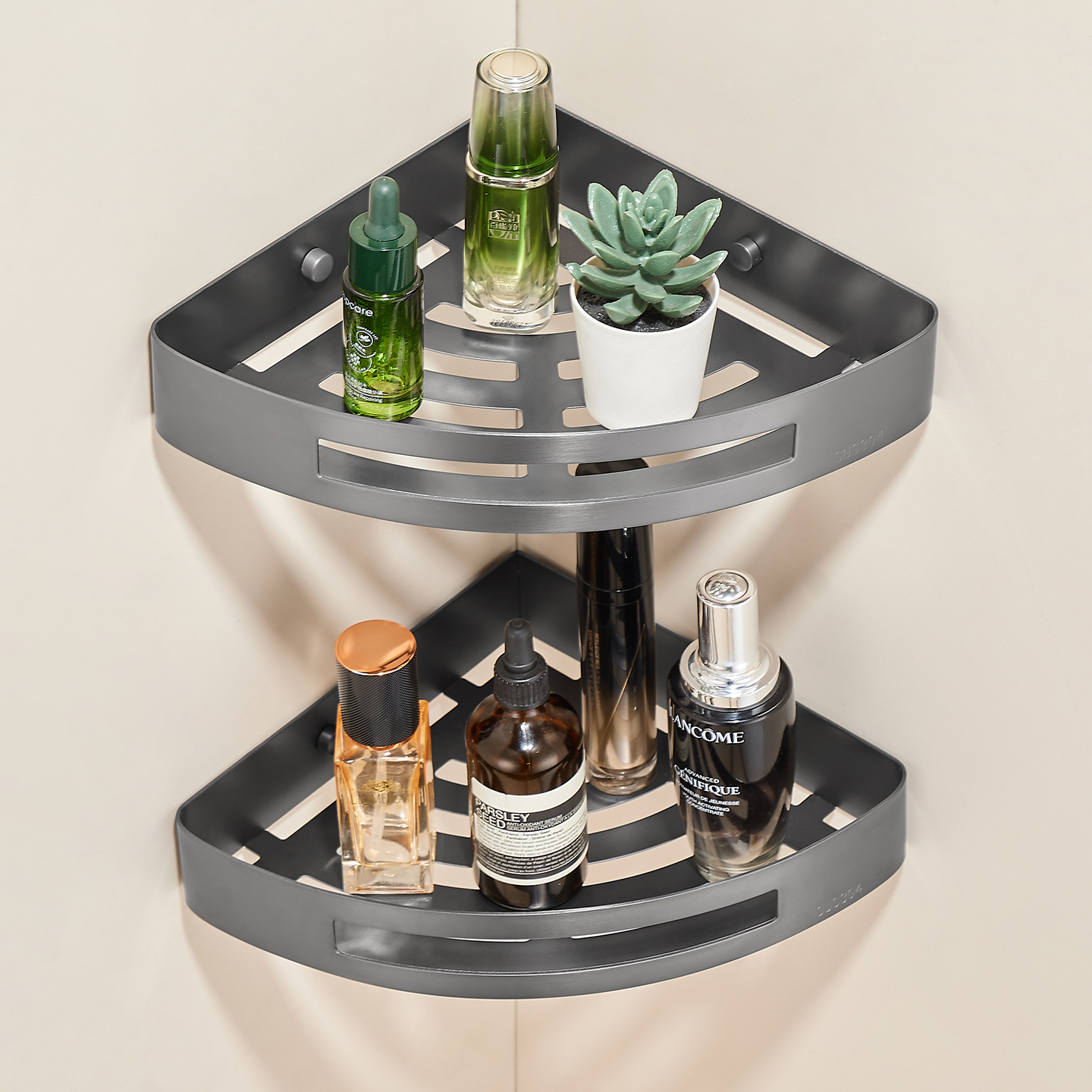 Wire drawing gun gray bathroom triangular frame, 304 stainless steel non-drilling bathroom storage corner frame, shower room corner frame details Picture