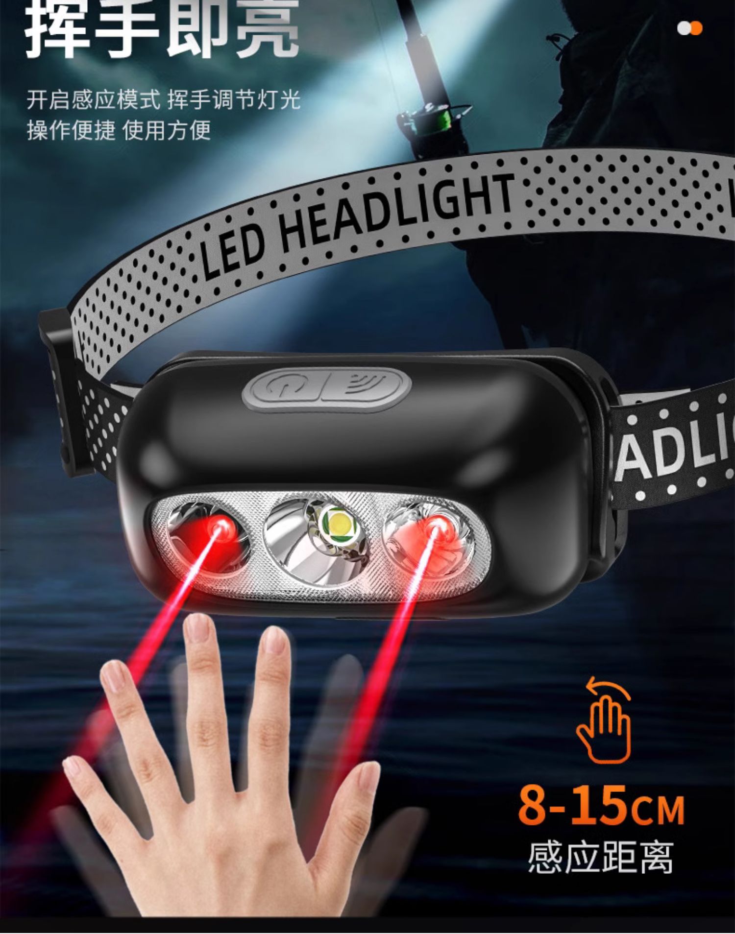 红色小头灯LED矿灯手电筒COB头灯180g防尘防水强光照明详情8