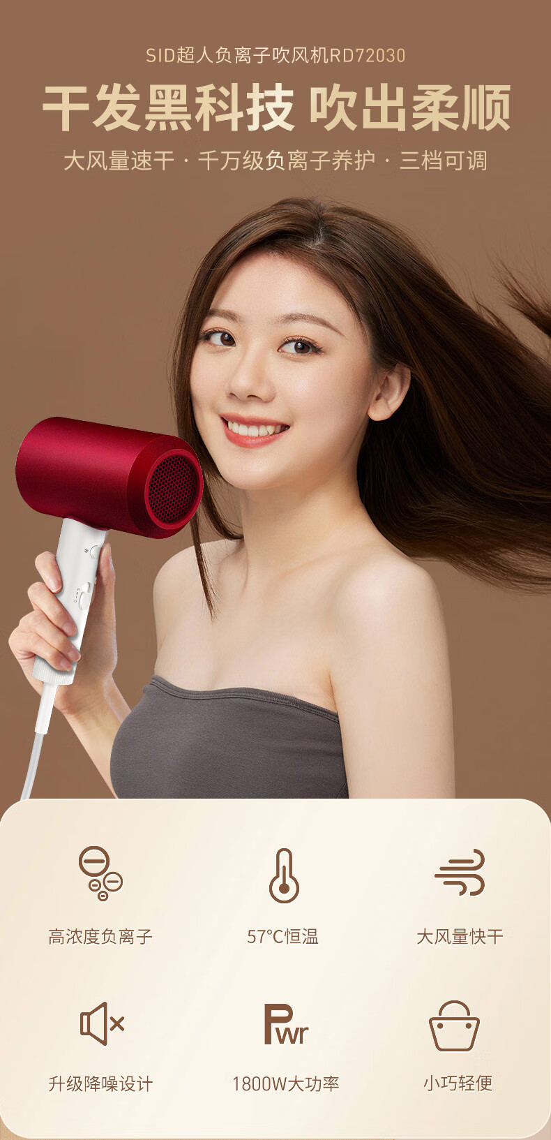 超人电吹风机家用大功率便携大风力负离子专业理发店吹风筒RD1650详情1