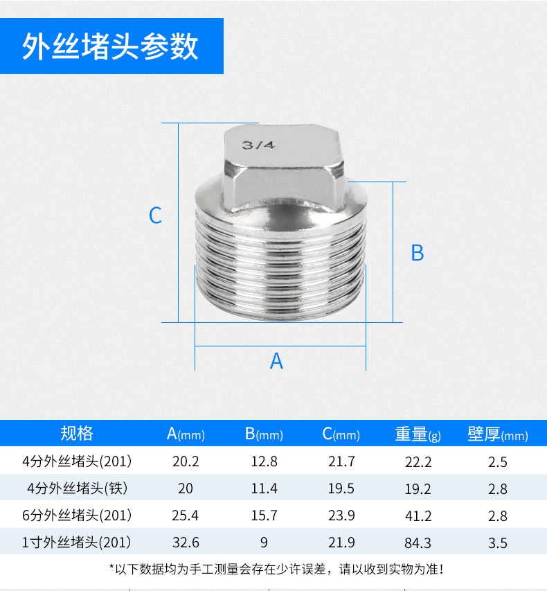 不锈钢4分堵头堵帽内丝外丝四分六分水管堵头闷头加厚铜管堵管帽详情8