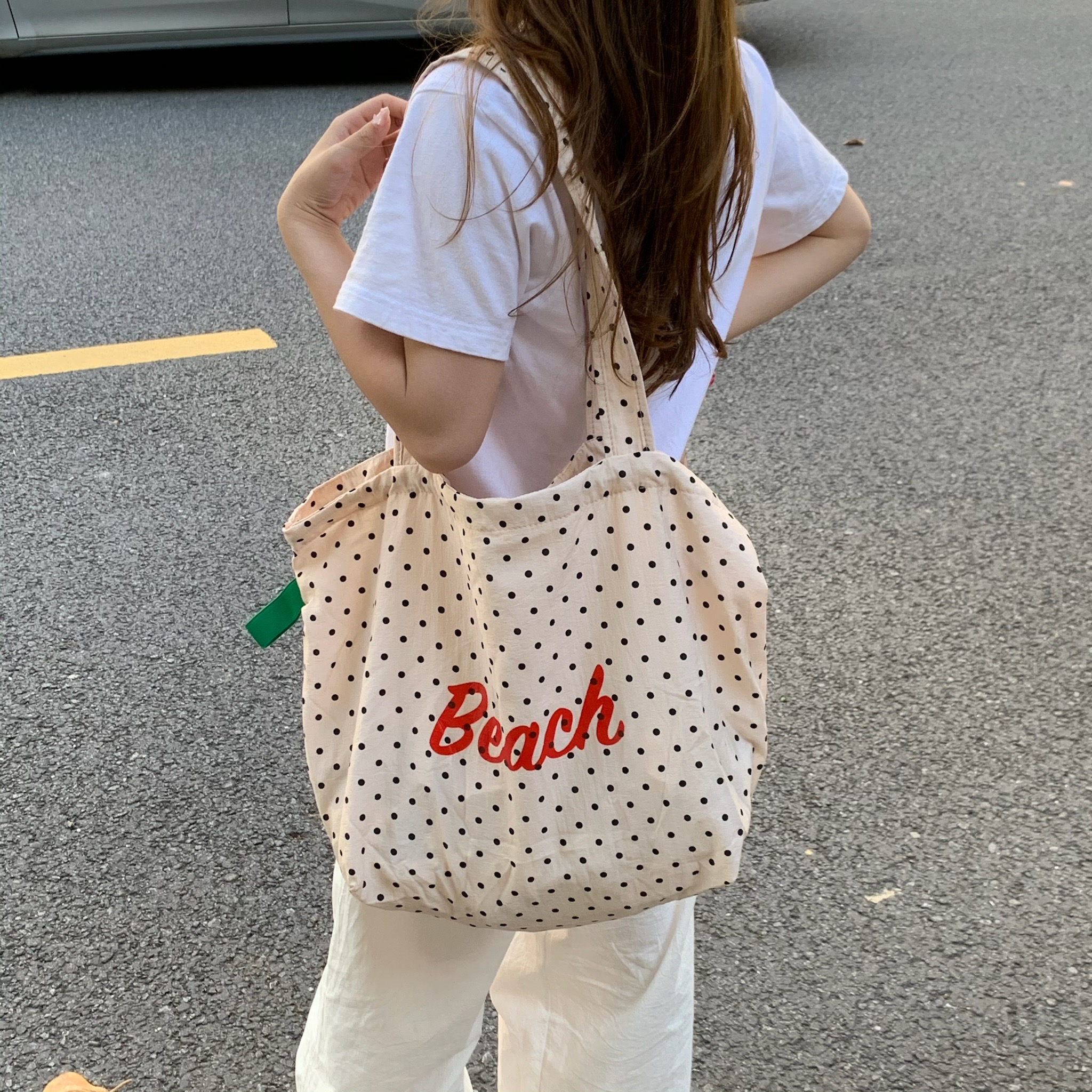 Summer new Japanese polka dot printed letter single-shoulder tote bag with large capacity, fresh and cute hand-held shopping bag pic 11