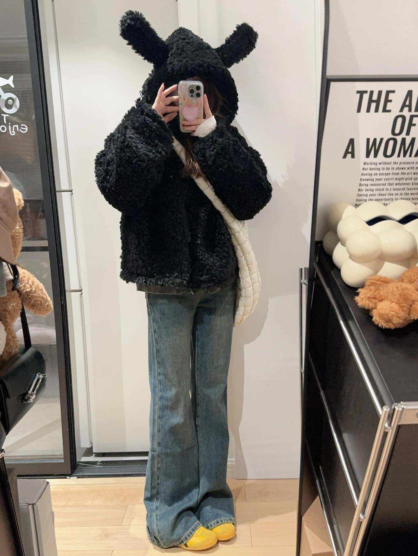 美式兔耳朵毛绒连帽皮草毛毛外套女冬季2024新款可爱宽松加厚上衣详情6