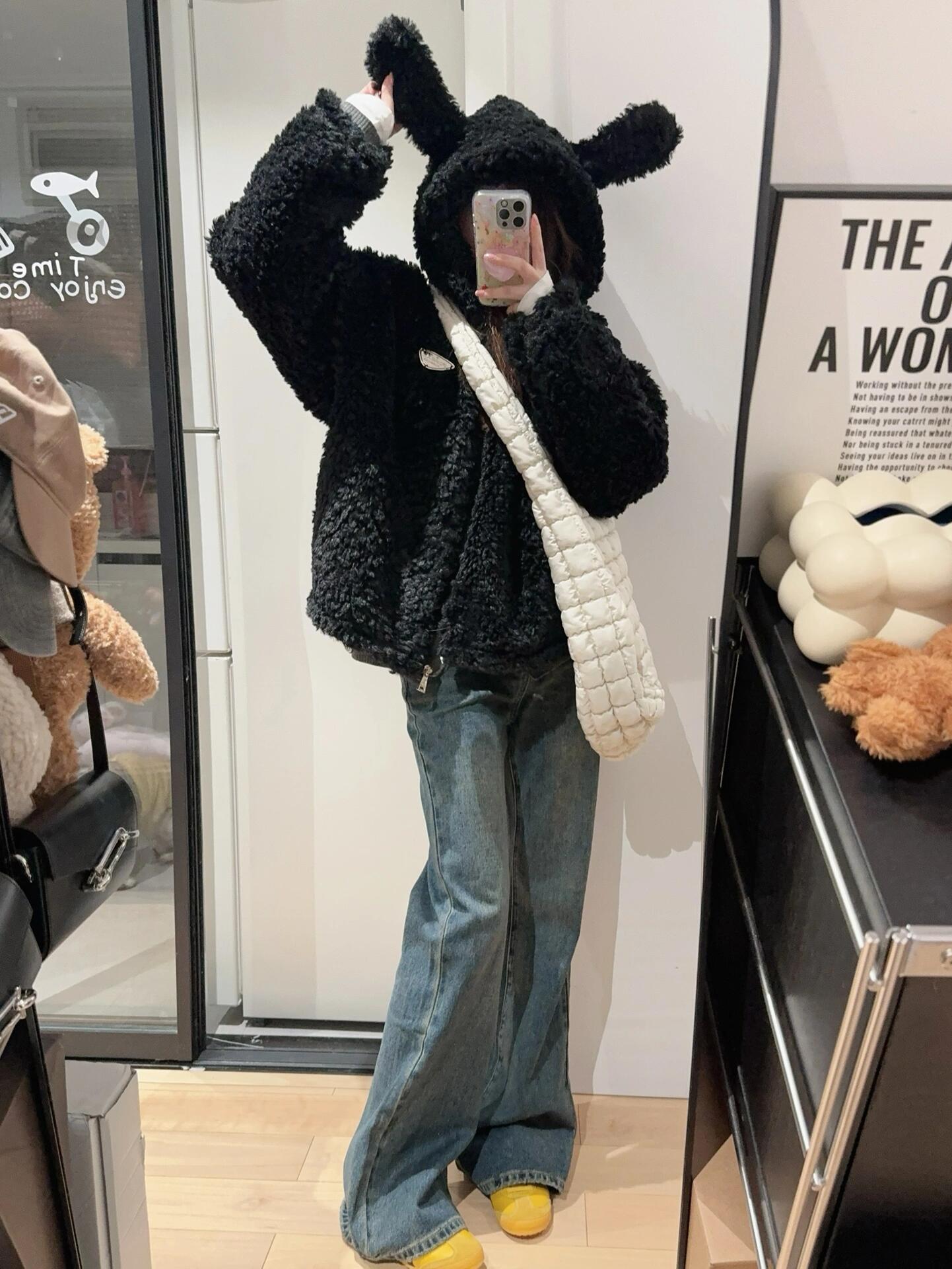 美式兔耳朵毛绒连帽皮草毛毛外套女冬季2024新款可爱宽松加厚上衣详情1