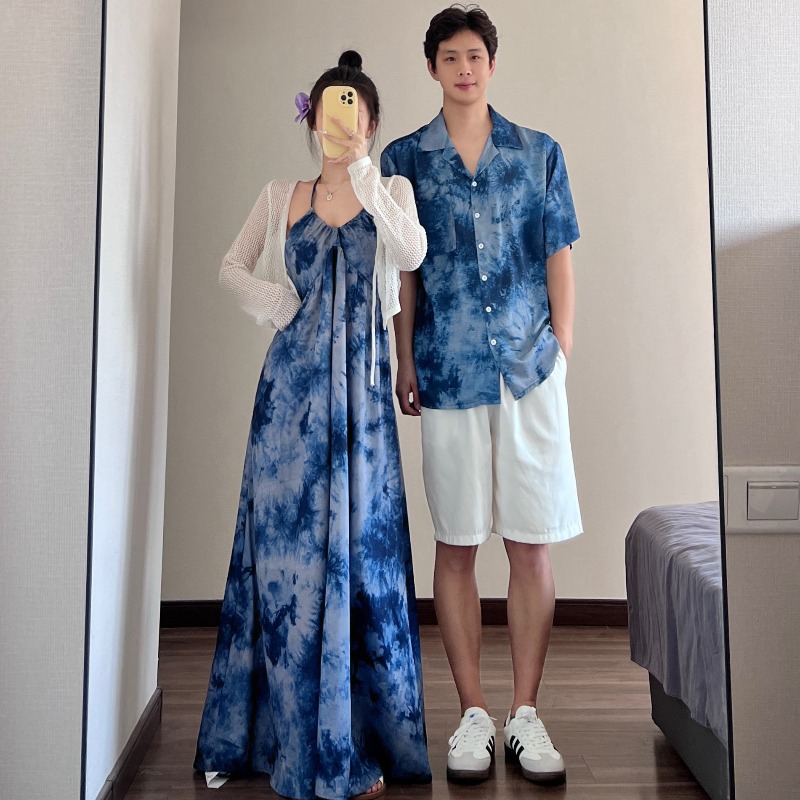 Couple's Summer Outfits, One Skirt And One Dress, 2025 New Short-Sleeved Shirt, Seaside Vacation Style Women's Tie-Dye Halter Dress Specification drawing