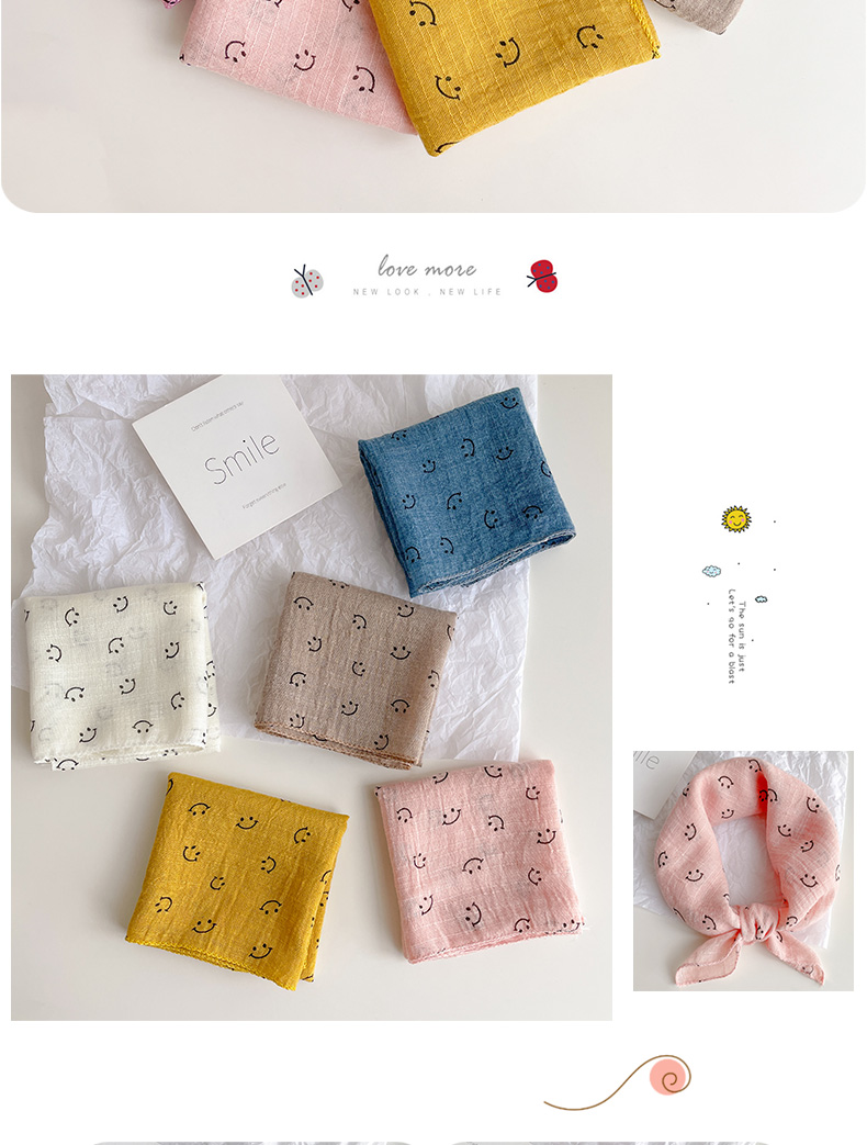 可爱笑脸棉麻儿童围巾男女薄款方巾丝巾宝宝婴儿三角口水围脖百搭详情8
