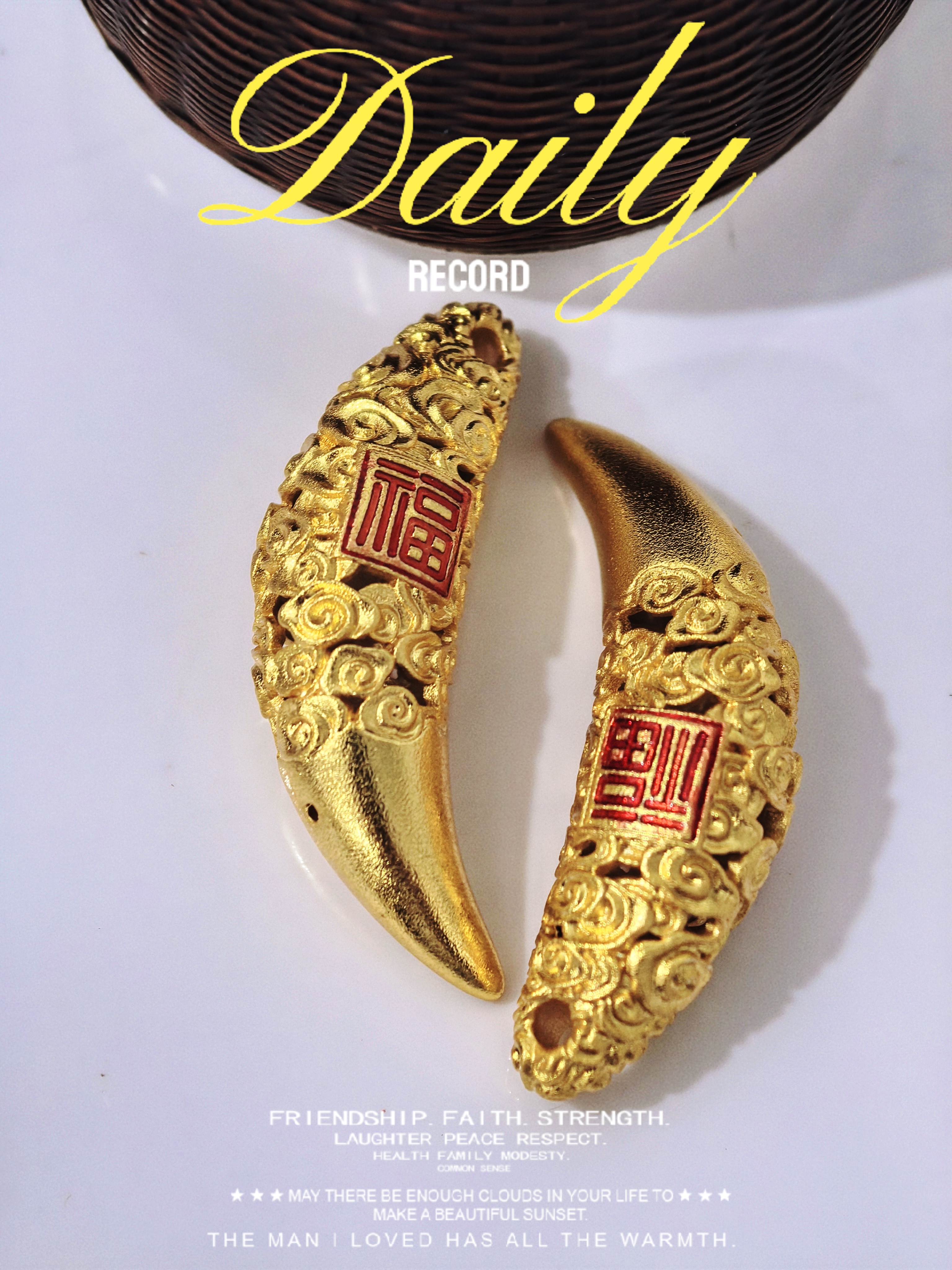 金店同款高保色古法沙金镂空福字狼牙吊坠新中式月牙挂坠批发详情1