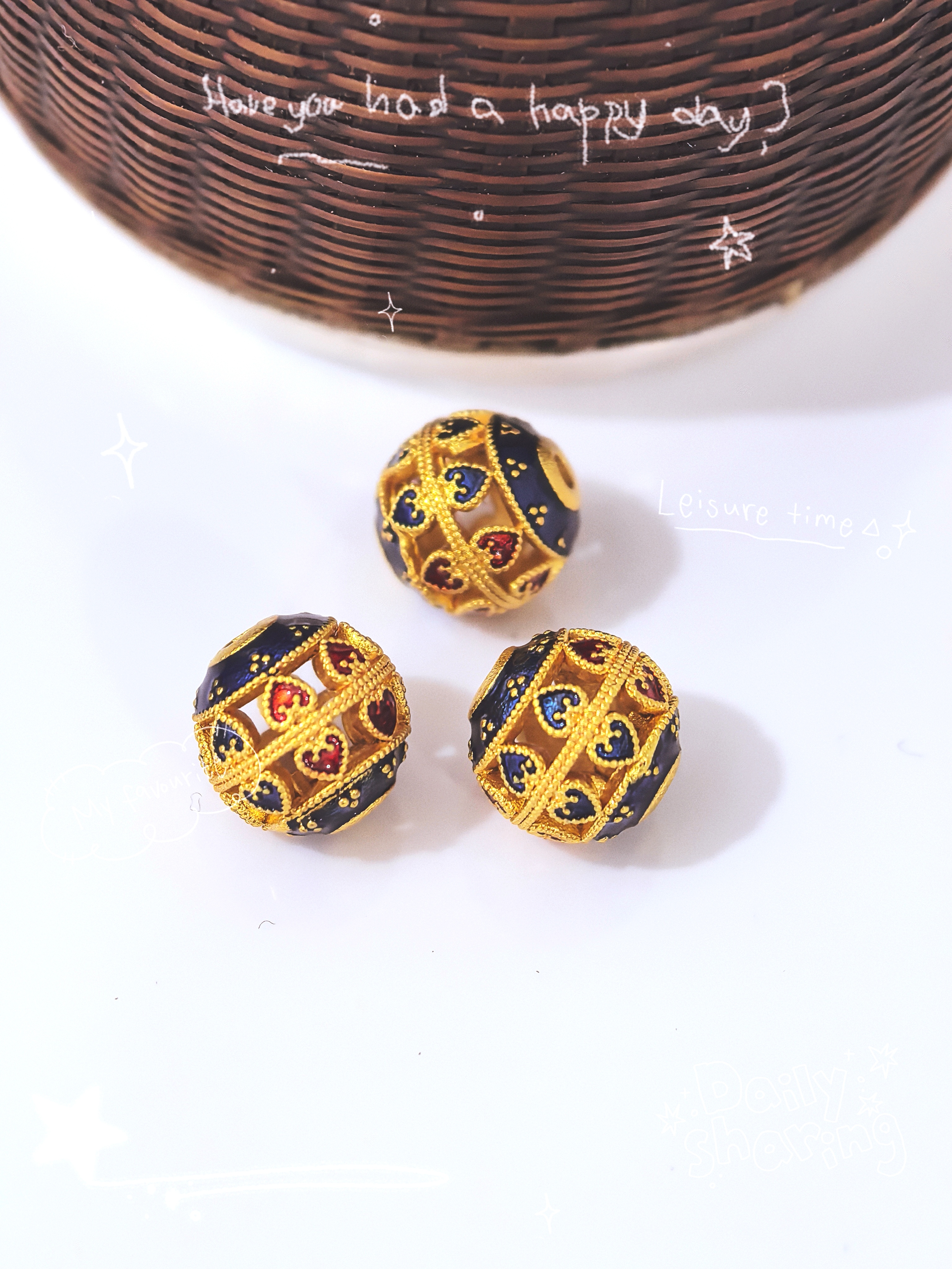 Ancient method sand gold good luck round bead enamel color firing blue oil drip separator bead DIY pic 3