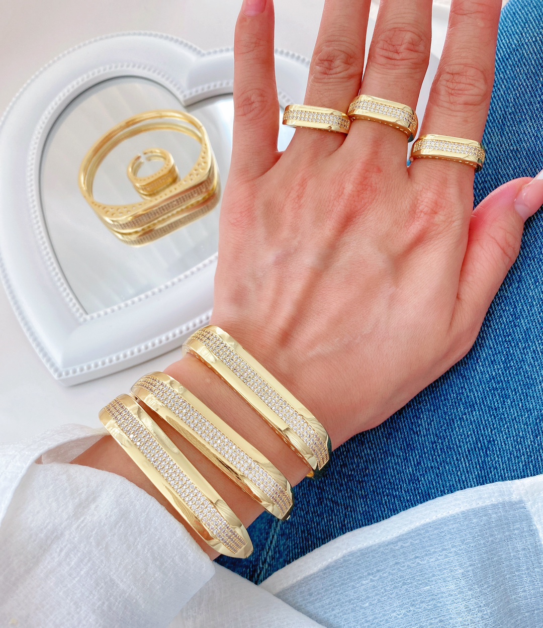 Wholesale of 18K gold geometric micro-inlaid zircon open ring and bracelet accessories with a sense of high-end European and American fashion pic 1