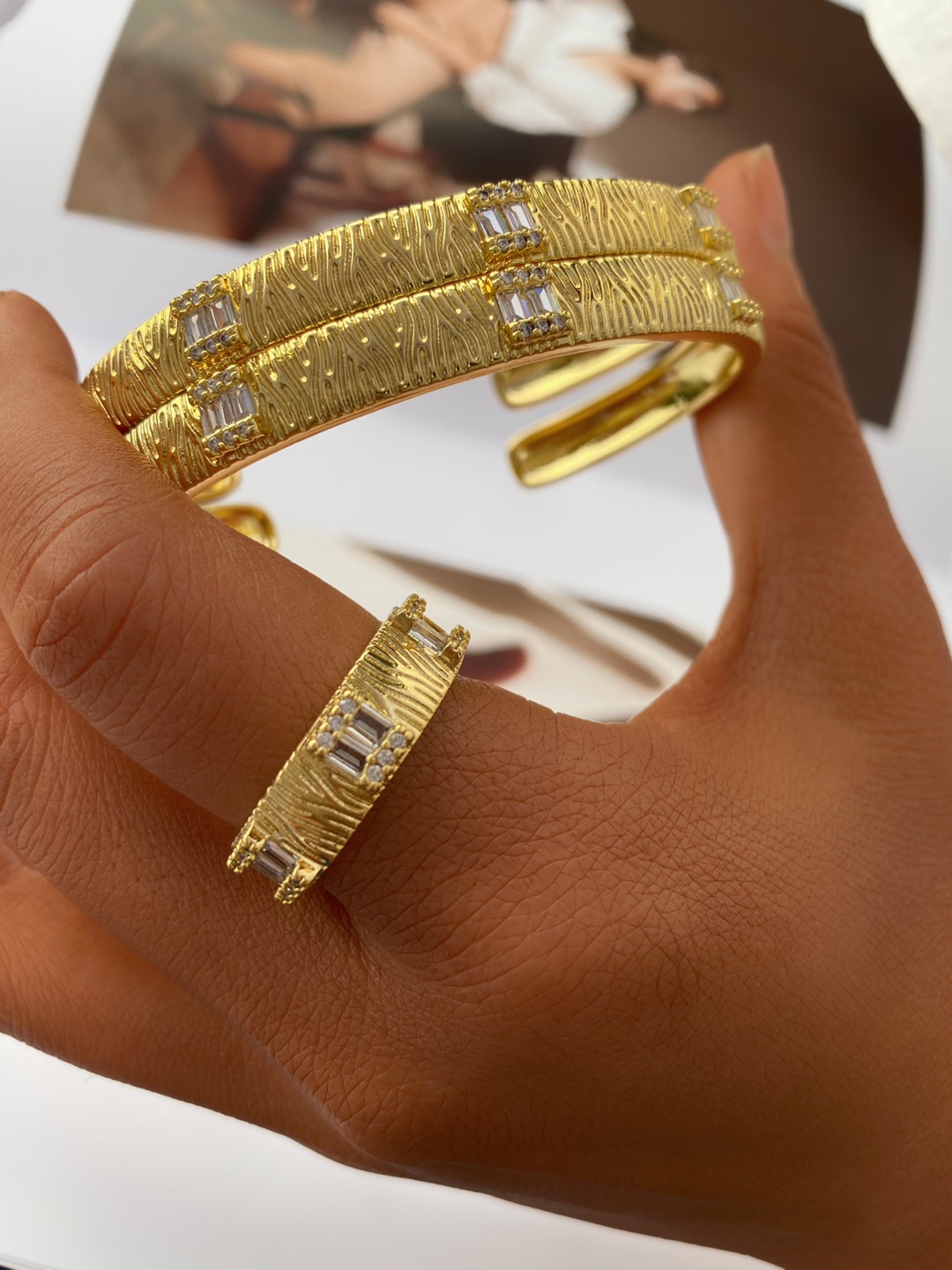 欧美跨境复古方形戒指手镯女轻奢拉丝条纹开口戒时尚指环手环饰品详情4