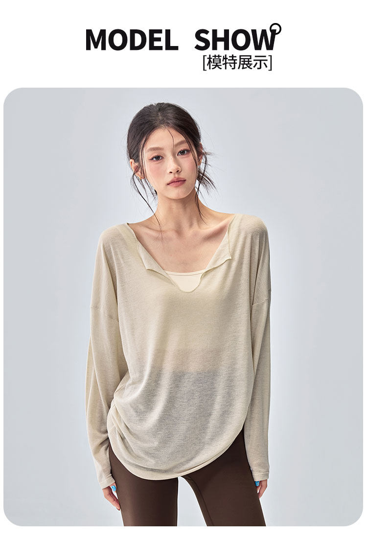 Loose yoga wear for fitness girls, casual and slimming solid-color smock, V-neck breathable long-sleeved Pilates training wear pic 12
