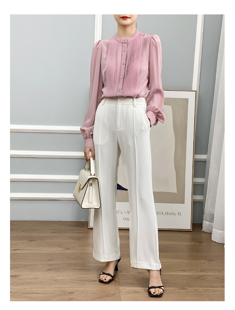 左左家 温柔气质重工风琴褶真丝衬衫女圆领气质灯笼袖桑蚕丝上衣详情20