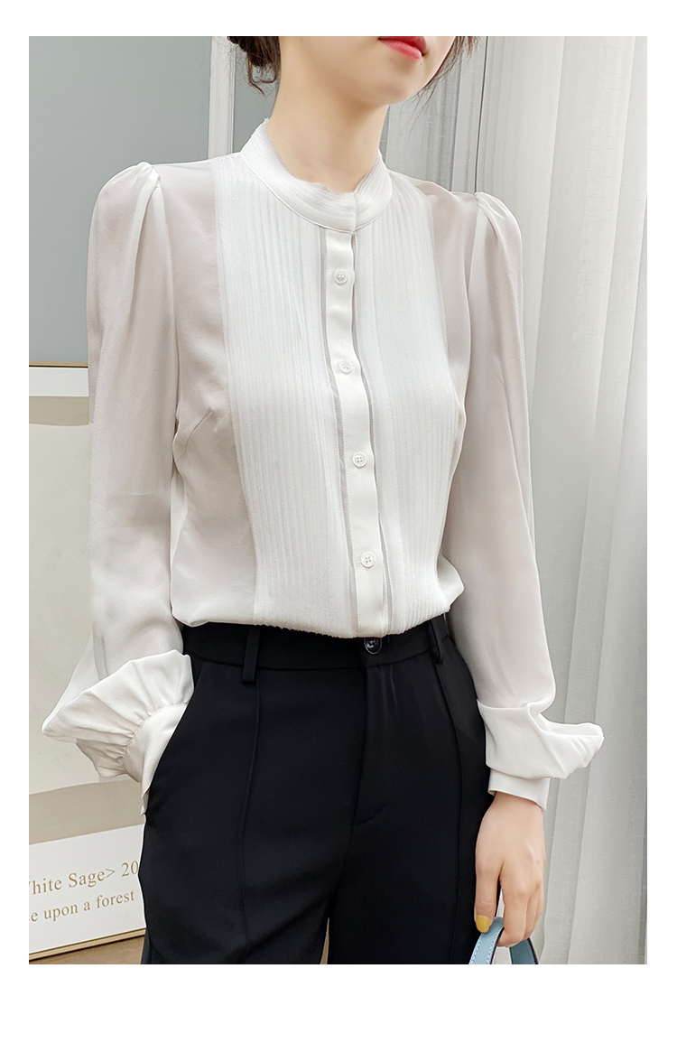左左家 温柔气质重工风琴褶真丝衬衫女圆领气质灯笼袖桑蚕丝上衣详情21