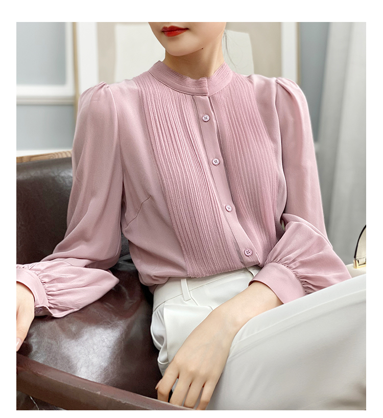 左左家 温柔气质重工风琴褶真丝衬衫女圆领气质灯笼袖桑蚕丝上衣详情12