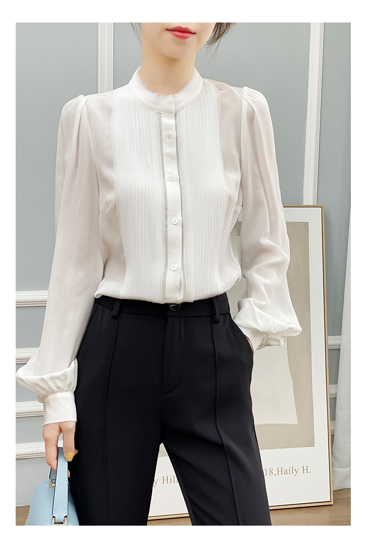 左左家 温柔气质重工风琴褶真丝衬衫女圆领气质灯笼袖桑蚕丝上衣详情24