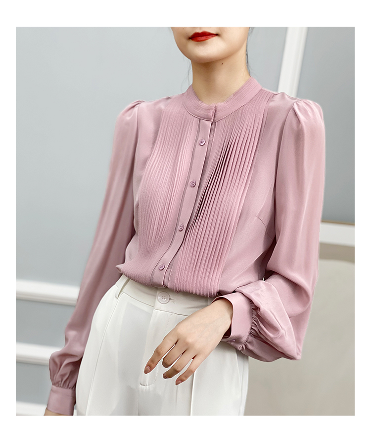 左左家 温柔气质重工风琴褶真丝衬衫女圆领气质灯笼袖桑蚕丝上衣详情16