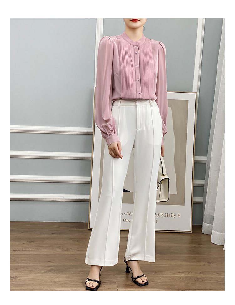 左左家 温柔气质重工风琴褶真丝衬衫女圆领气质灯笼袖桑蚕丝上衣详情19