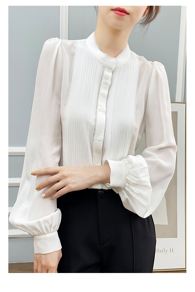 左左家 温柔气质重工风琴褶真丝衬衫女圆领气质灯笼袖桑蚕丝上衣详情22