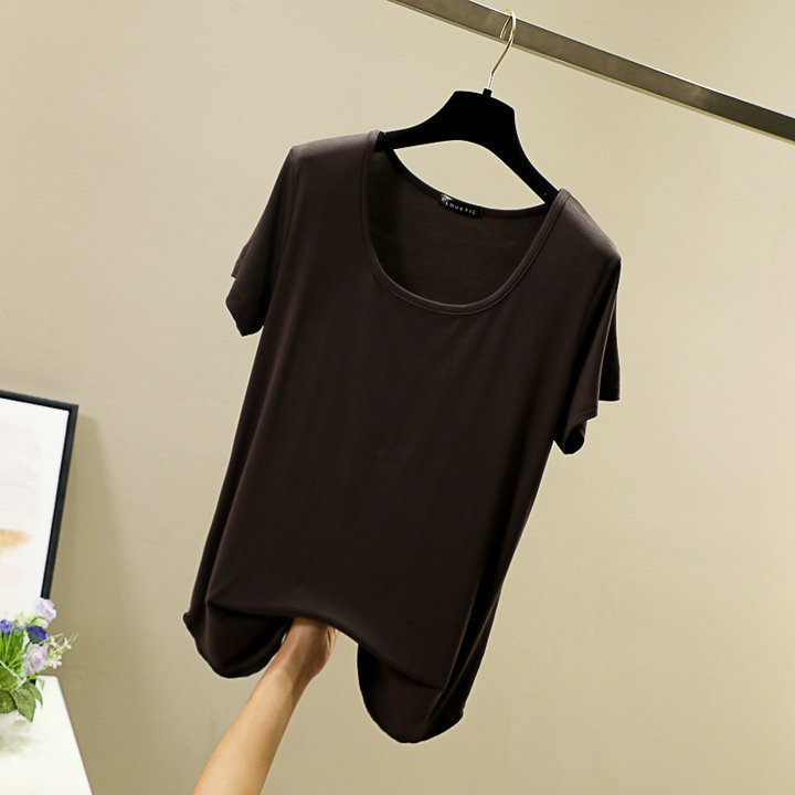 Spring and summer round-neck Korean-style candy-colored modal base layer, short-sleeved large U-neck top, loose basic T-shirt for women pic 25