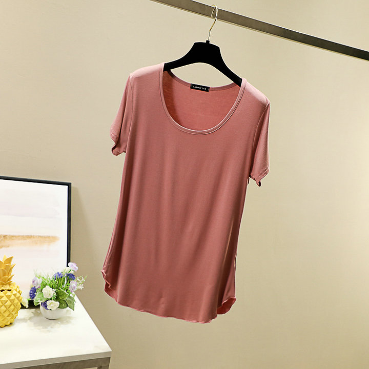 Spring and summer round-neck Korean-style candy-colored modal base layer, short-sleeved large U-neck top, loose basic T-shirt for women pic 31