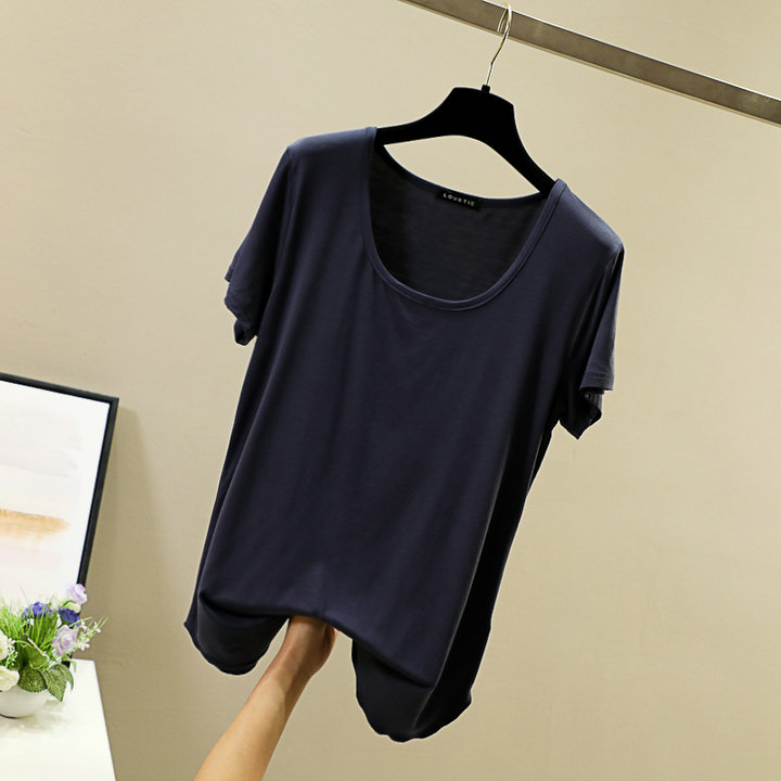Spring and summer round-neck Korean-style candy-colored modal base layer, short-sleeved large U-neck top, loose basic T-shirt for women pic 24