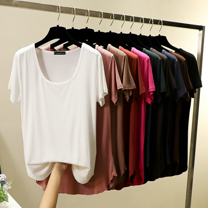 Spring and summer round-neck Korean-style candy-colored modal base layer, short-sleeved large U-neck top, loose basic T-shirt for women pic 7