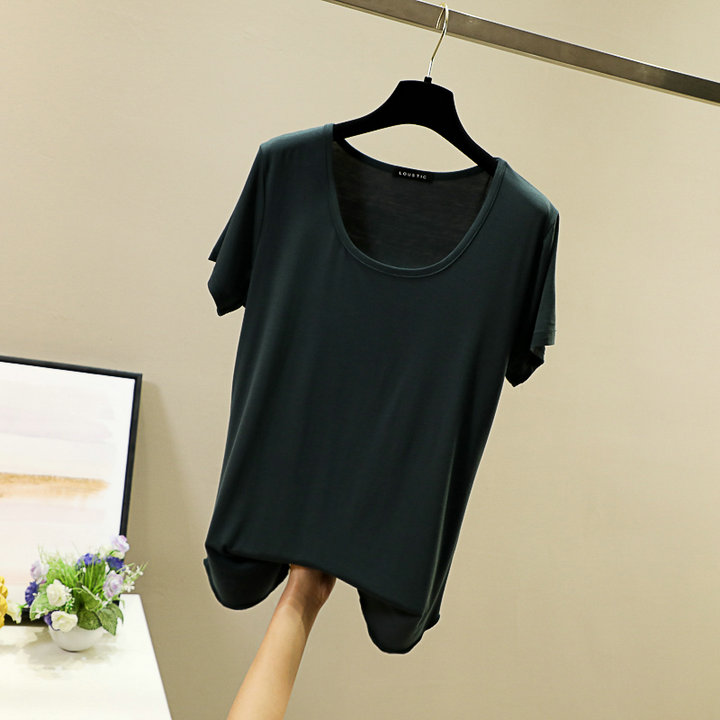 Spring and summer round-neck Korean-style candy-colored modal base layer, short-sleeved large U-neck top, loose basic T-shirt for women pic 23