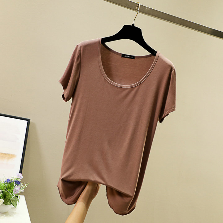 Spring and summer round-neck Korean-style candy-colored modal base layer, short-sleeved large U-neck top, loose basic T-shirt for women pic 15
