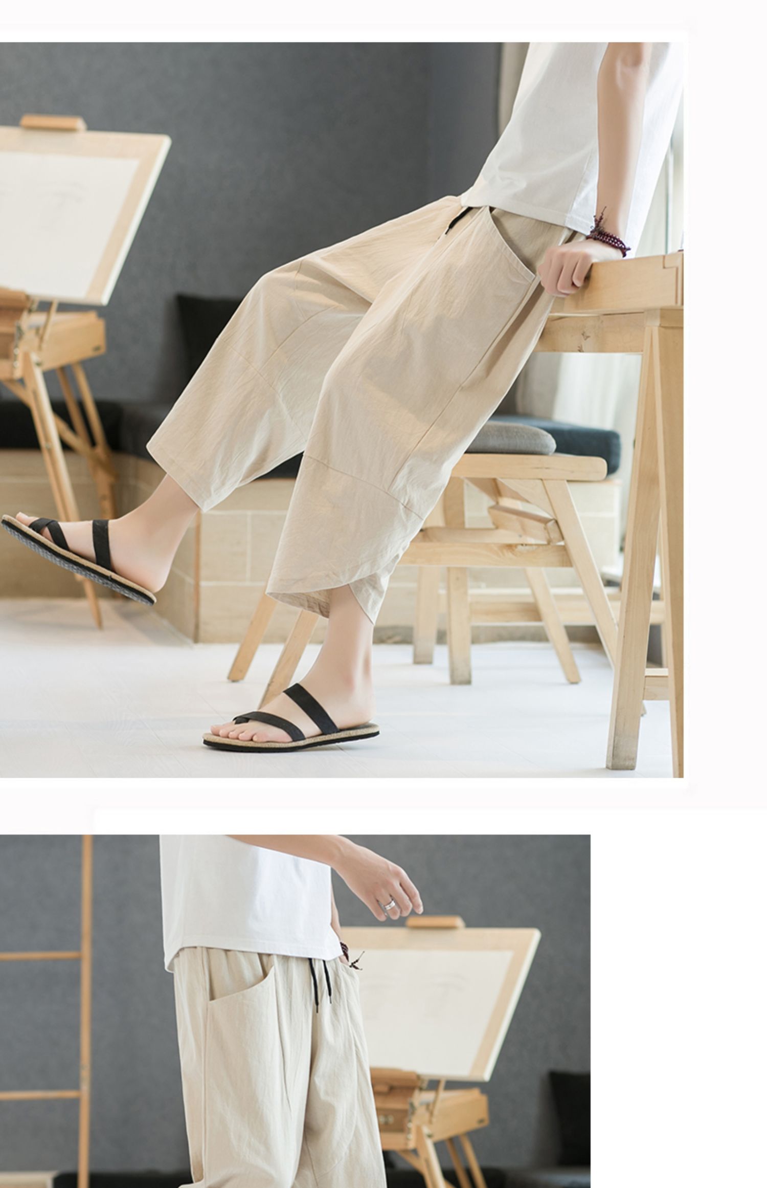 Aliexpress 2022 Summer New Style Chinese style simple solid color seven-inch wide-leg pants for men, beach pants, casual pants for men pic 47