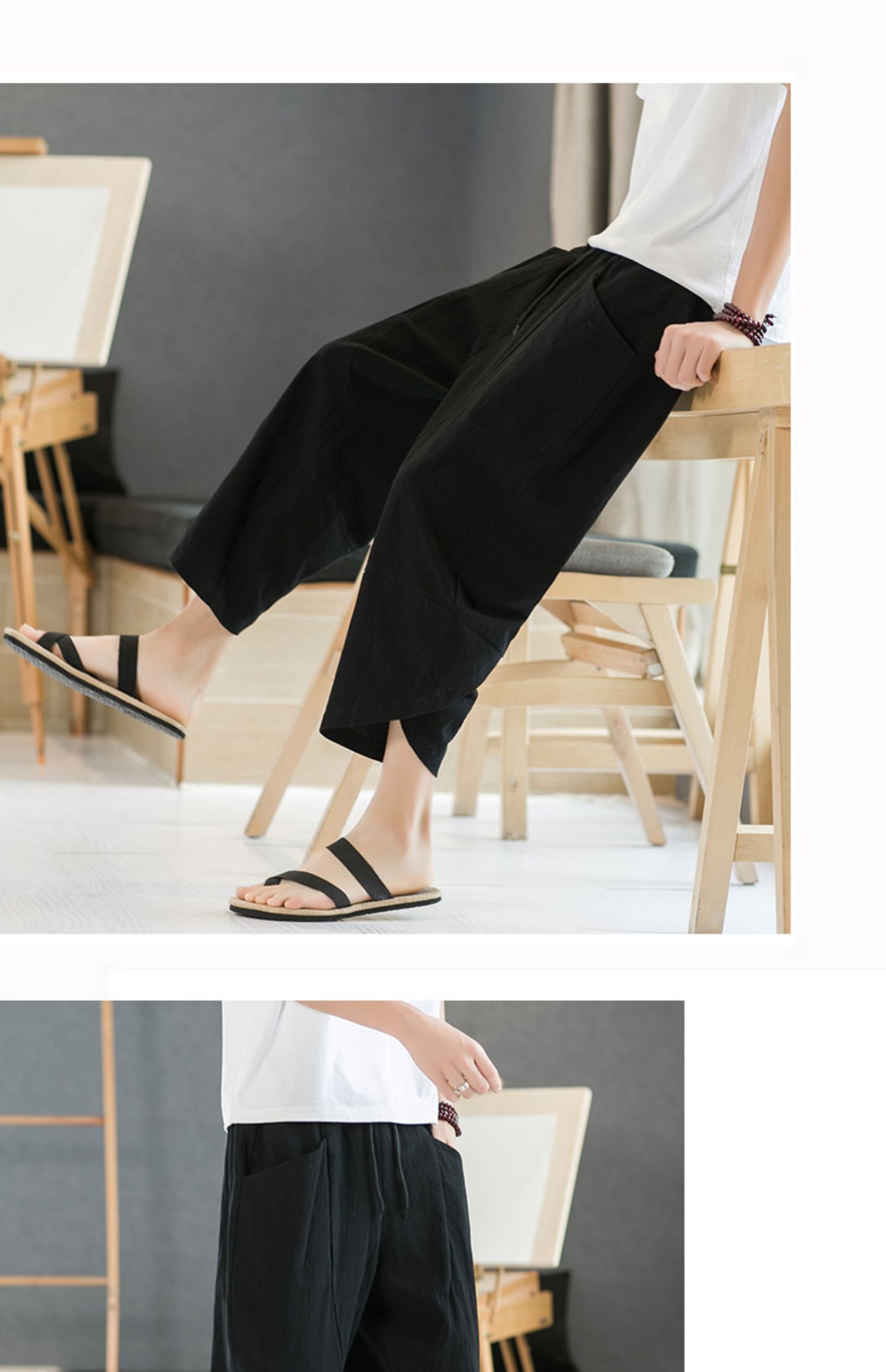 Aliexpress 2022 Summer New Style Chinese style simple solid color seven-inch wide-leg pants for men, beach pants, casual pants for men pic 31